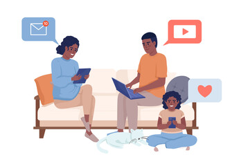 Poster - Family sitting together on sofa with gadgets semi flat color vector characters. Editable figures. Full body people on white. Simple cartoon style illustration for web graphic design and animation