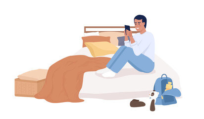 Poster - Teenage boy with smartphone sitting on bed semi flat color vector character. Editable figure. Full body person on white. Simple cartoon style illustration for web graphic design and animation