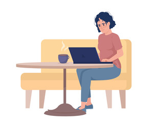 Poster - Disheveled woman typing on laptop from cafe seating semi flat color vector character. Editable figure. Full body person on white. Simple cartoon style illustration for web graphic design and animation
