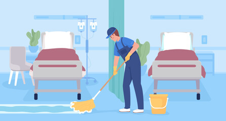 Poster - Mopping hospital floor surfaces flat color vector illustration. Male janitor in uniform cleaning floor with mop. Fully editable 2D simple cartoon character with light blue interior on background