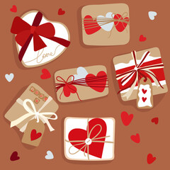 Wall Mural - A set of gifts. Simple packaged Valentine's Day gifts on a dark background. Gifts in the main color palette are red, white, beige. Isolated illustration for printing on postcards and banners.