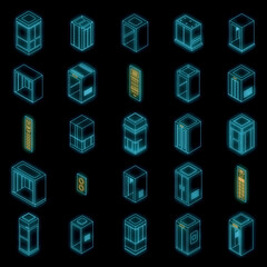Poster - elevator icons set. isometric set of elevator vector icons neon color on black