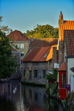 Belgium, West Flanders, Bruges, Swans Swimming In Front Of Riverside Houses