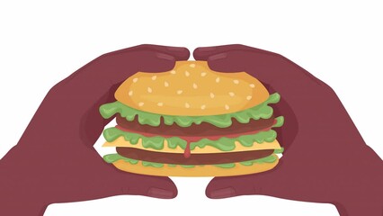 Poster - Animated holding cheeseburger. Squeezing juicy burger. Delicious hamburger recipe. Fast food restaurant. Flat first view hands animation on white background. Color cartoon style 4K video footage