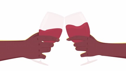 Poster - Animated clinking red wine glasses. Romantic date. Cheers at wedding. Celebration party with alcohol drinks. Flat first view hands animation on white background. Color cartoon style 4K video footage