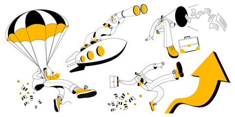 Wall Mural - Businessmen in business suits are flying on a rocket, shouting into a megaphone, descending by parachute. A set of vector business illustrations in a linear style.