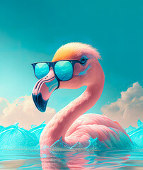 Pastel pink creative Summer concept of flamingo on the seashore during a sunny vacation. Sand and sea. Tropical animal flamingos. Illustration, Generative AI.