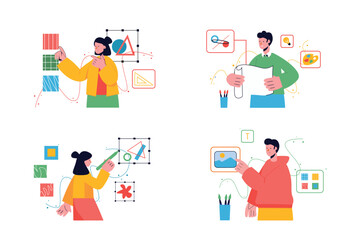 Poster - Design studio set concept with people scene in the flat cartoon style. Creative designer work together for make a new project. Vector illustration.