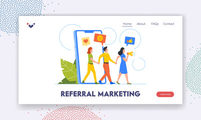 Referral Marketing Landing Page Template. Program Strategy, Network, Affiliate Partnership. Character with Loudspeaker