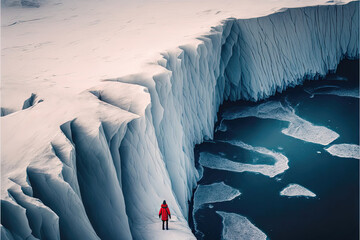 Wall Mural - Generative AI photography of the north pole melting ice and sea, tiny human figure with red jacket