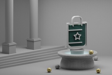Aufkleber - Beautiful abstract illustrations Shopping Bag And Star symbol icon on a fountain and column background. 3d rendering illustration. Online Shopping.