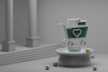 Poster - Beautiful abstract illustrations Shopping Cart And Heart  symbol icon on a fountain and column background. 3d rendering illustration. Online Shopping.