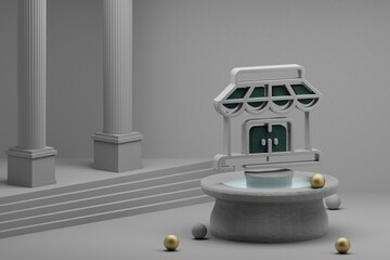 Leinwandbilder - Beautiful abstract illustrations Store Building symbol icon on a fountain and column background. 3d rendering illustration. Online Shopping.