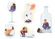 Set of People with Alcohol Addiction. Concept with Male and Female Characters Sitting on Wineglass or Bottle Bottom
