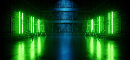 Wall Mural - Sci Fi Alien Cyber Dark Stage Podium Hallway Room Corridor Green Lights On Stands Cables Glossy Concrete Floor Brick Stone Medieval Wall Rough Grunge 3D Rendering