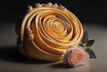 A Close Up Of A Pastry With A Spiral Design On It And A Rose On The Side Of The Picture