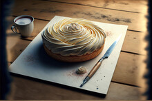 A Pastry With A Spiral Design On Top Of It Next To A Knife And A Napkin On A Table