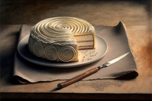 A Pastry With A Spiral Design On Top Of It Next To A Knife And A Napkin On A Table.