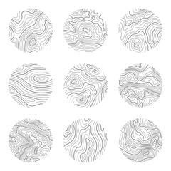Set rings of topographic line map. Wood rings, vector line circle of outdoor concept. Outline pattern for outdoor logo templates. Contours of tree, concepts for expedition logotype.