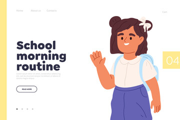 Wall Mural - School morning routine concept of landing page with cute girl go to school waving hands to parent