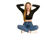 © Asier - Young redhead woman sitting on the floor cut out isolated being shocked due to an imminent danger