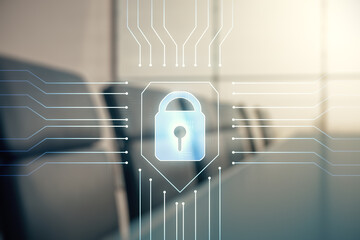 Poster - Virtual creative lock sketch with chip hologram on a modern boardroom background, protection of personal data concept. Multiexposure