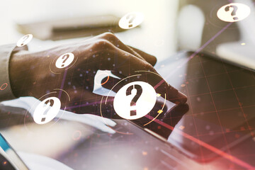 Aufkleber - Double exposure of question mark hologram and finger clicks on a digital tablet on background. Sociology and psychology concept