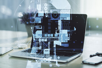 Poster - Double exposure of creative artificial Intelligence symbol with modern laptop on background. Neural networks and machine learning concept