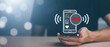 © Bussarin - Man hold smartphone icon with Emergency app in home, call phone, Chat message icon, Emergency application from smartphone for elderly, technology concept.Old hand touch mobile phone and call for help.