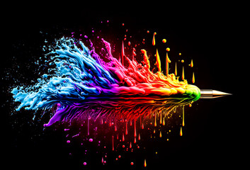 Wall Mural - The bullet flies through the colors of the rainbow with splashes on a black background