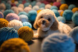 A small funny toy poodle dog puppy sits among woolen balls for knitting and looks at the camera