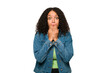 Young african american curly woman isolated shocked covering mouth with hands.