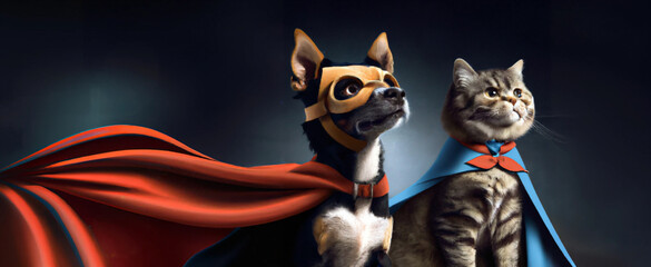 Naklejka na meble Dog and cat as superheroes with cape against dark background, generative ai