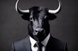 photo of a bull wearing a suit and tie with a dark background and a gray background - Generative AI