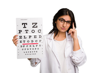 Wall Mural - Young indian oculist woman holding an eye chart paper cut out isolated pointing temple with finger, thinking, focused on a task.