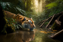 Wild Tiger Drinking Water In A River, Tiger Animal In A Tropical Jungle Illustration, Generative AI