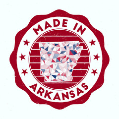 Made In Arkansas. Us state round stamp. Seal of Arkansas with border shape. Vintage badge with circular text and stars. Vector illustration.