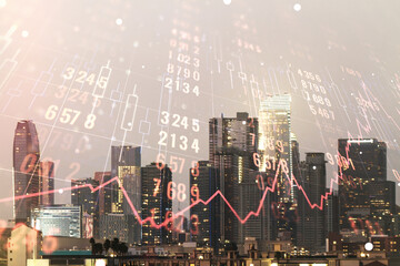 Poster - Multi exposure of abstract statistics data hologram interface on Los Angeles office buildings background, computing and analytics concept