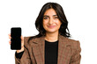 Young indian business woman showing her mobile phone isolated cut out