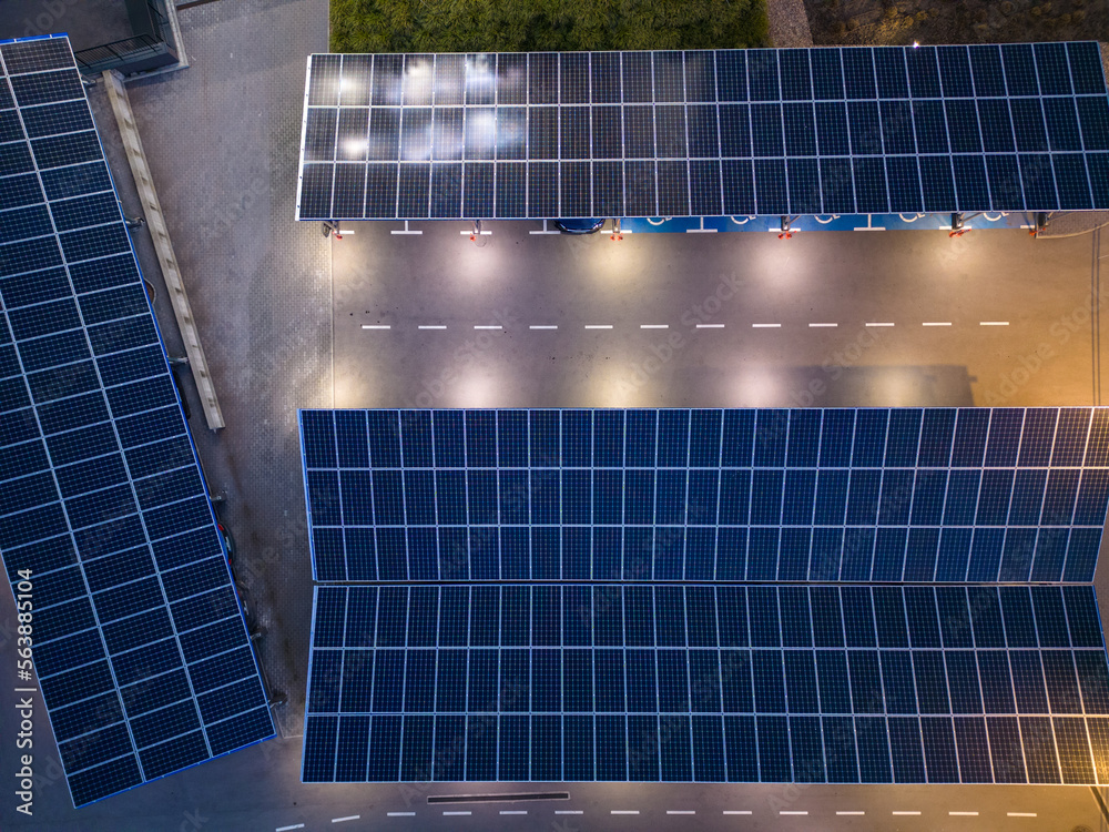 Solar panel installed in parking lot aerial view