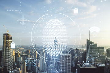 Aufkleber - Multi exposure of virtual creative fingerprint hologram on New York city skyscrapers background, personal biometric data concept