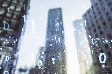 Aufkleber - Abstract virtual binary code illustration on office buildings background. Big data and coding concept. Multiexposure
