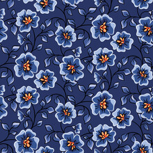 Seamless Floral Pattern With A Beautiful Winter Garden. Cute Flower Print, Romantic Ditsy Design With Hand Drawn Plants: Blue Flowers, Small Leaves, Branches On A Dark Background. Vector Illustration.