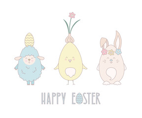 Wall Mural - Cute easter animals baby funny vector illustration. Chick, bunny, lamb at pastel color for card, banner