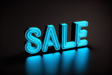 SALE sign, text in blue neon letters on black background. AI generative