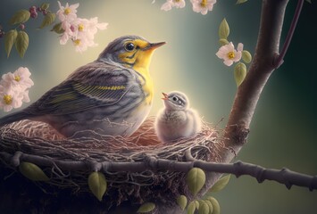 close up mother bird with her hatchling in nest on cherry blossom tree Generative Ai