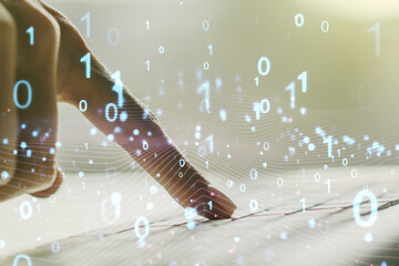 Aufkleber - Creative abstract binary code hologram and hands typing on computer keyboard on background, AI and machine learning concept. Multiexposure