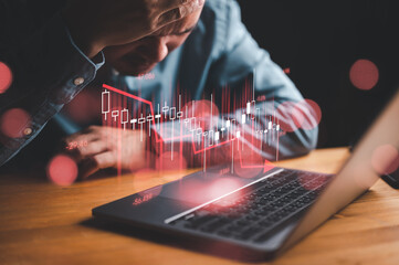 Economic collapse concept, businessman and Crisis chart with downwards arrow, financial problems, recession, debt, inflation, market collapse, financial crisis economic recession slowing down, etc.