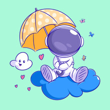 Astronaut Is Sitting In The Cloud With An Umbrella