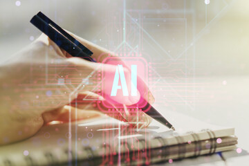 Poster - Creative artificial Intelligence symbol concept with woman hand writing in notebook on background. Multiexposure